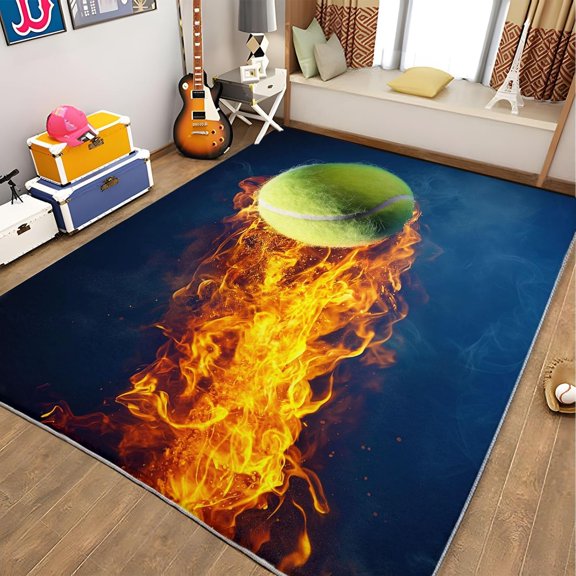 Flame Tennis Area Rugs, Sports Fire Carpet, Washable Non Slip Low Pile Soft Rug for Living Room Bedroom Dining Room Home Decor Mat 5x8ft