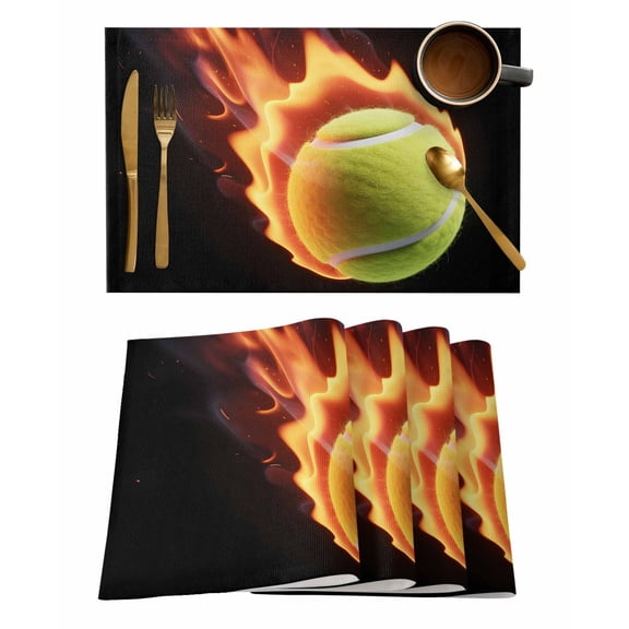 Flame Tennis Ball Placemats Set of 1 Sports Black Background Abstract Heat Insulation Washable Place Mats, Rustic Non-Slip Table Mats for Dining Table Party Kitchen Decor,13x19 Inch