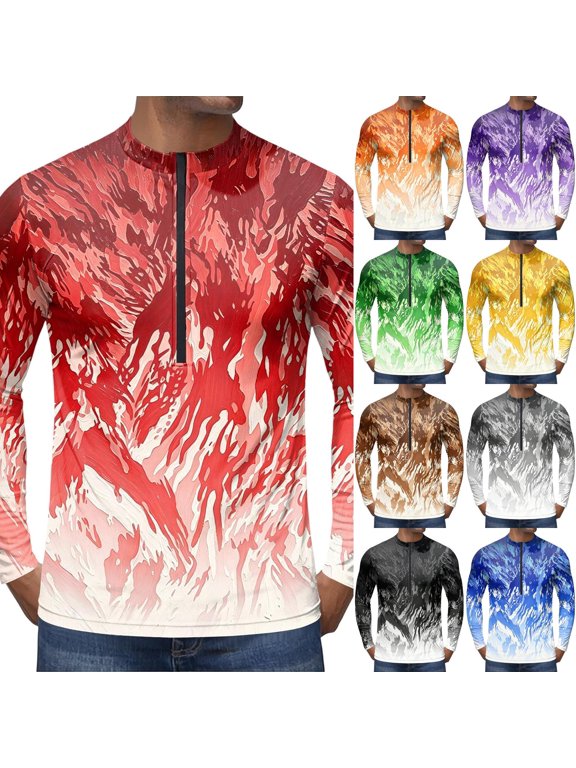 Flame Texture & Abstract Gradient Print Long Sleeve Cycling Jersey for Men, Breathable Quick Dry Athletic Top with Half Zip - High Visibility Outdoor Running & Training Shirt Yellow XXL