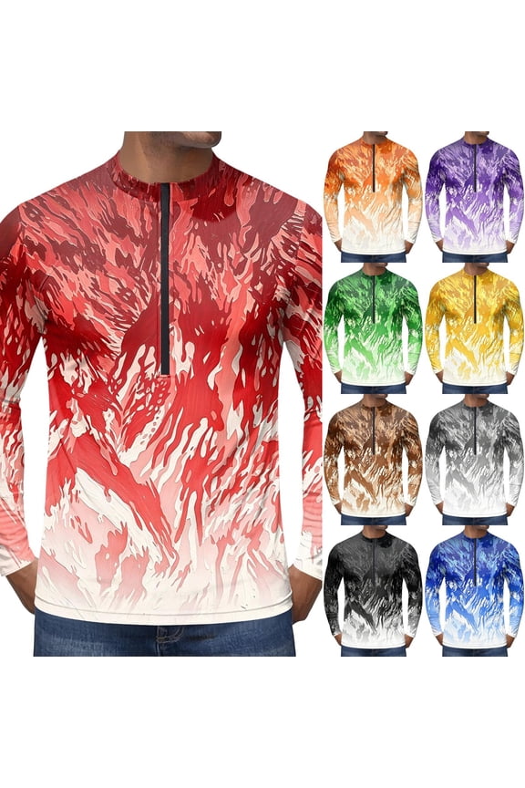 Flame Texture & Abstract Gradient Print Long Sleeve Cycling Jersey for Men, Breathable Quick Dry Athletic Top with Half Zip - High Visibility Outdoor Running & Training Shirt Yellow XXL