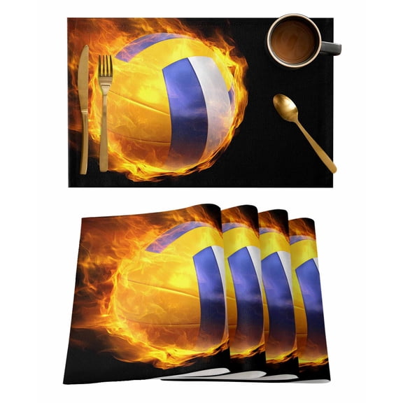 Flame Volleyball Placemats Set of 2 Sports Black Background Abstract Art Heat Insulation Washable Place Mats, Rustic Non-Slip Table Mats for Dining Table Party Kitchen Decor,13x19 Inch