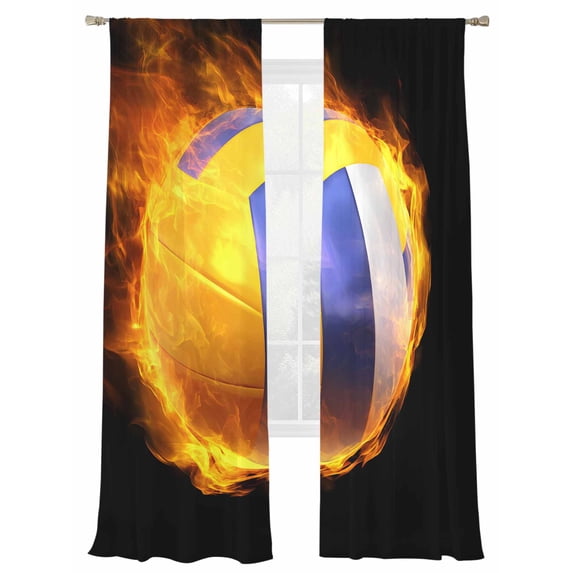 Flame Volleyball Sheer Curtains 2 Panels Set Sports Black Background Abstract Art Sheer Window Curtains Light Filtering Rod Pocket Voile Drapes for Bedroom Living Room 52"X84"