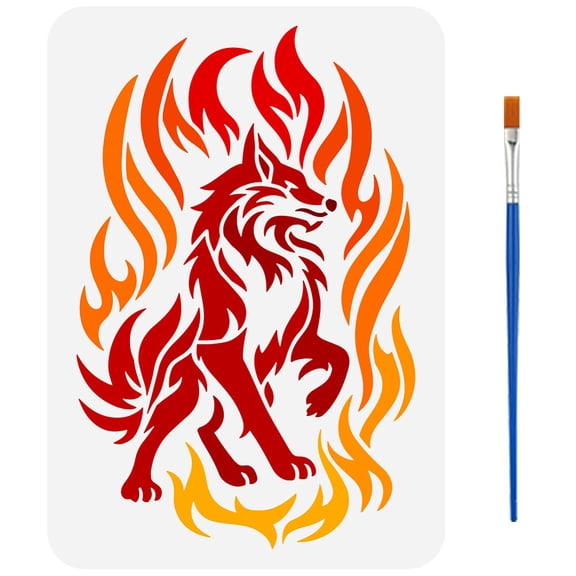 Flame Wolf Stencils with a Brush 11.7x8.3 Inch Reusable Wild Wolf Stencils PET Wolves Pattern Stencil Animal Themes Template