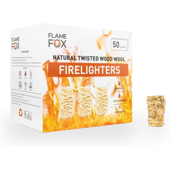 FlameFox Natural Wood Wool Fire Starters  50 Pack | Eco-Friendly, Odorless, Long-Burning Tumbleweeds for BBQ, Fireplace, Campfire & Wood Stove