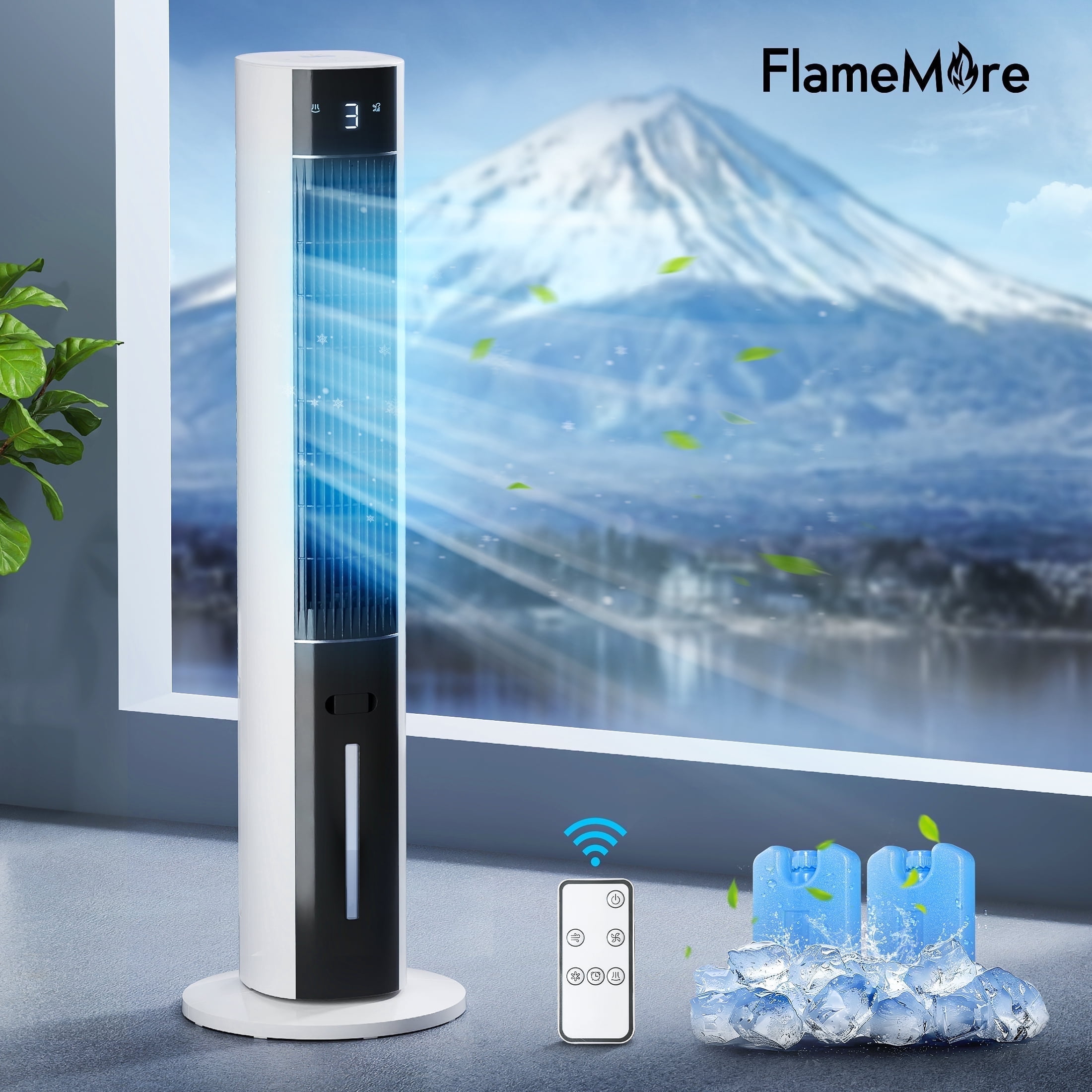 FlameMore Evaporative Air Cooler Portable Air Conditioners, 3-in-1 Oscillating Tower Cooler Fan&Humidify, White