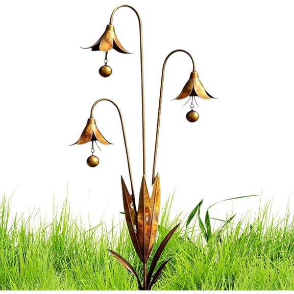 Flamed Copper Three Calla Lilies Garden Stake with Bells – Rain Catcher Flower Handmade – Rustic Wind Chime Ornament for Yard (1PCS)