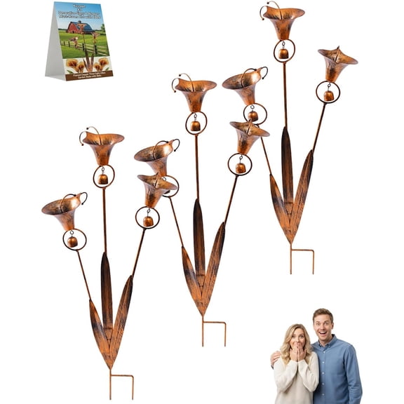 Flamed Copper Three Calla Lily Garden Stake with Bells Rain Chime Metal Flower Garden Decor Handmade Outdoor Yard Art Sculpture for Lawn Patio Flower Bed Memorial Gift