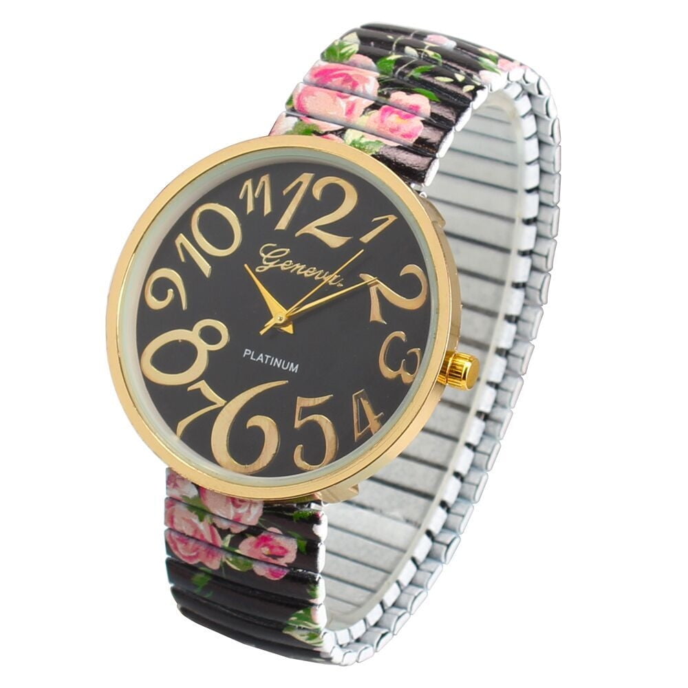 Flameee Women Elasticity Flower Shrink Bracelet Quartz Wrist Watch