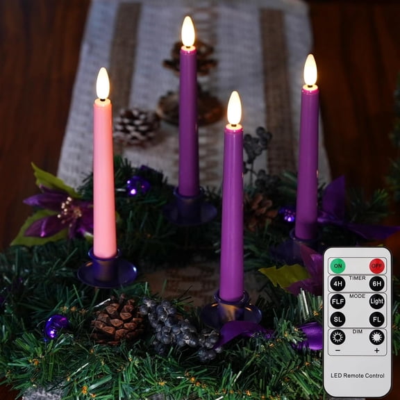 Flameless Advent Candles - Set of 4 Battery Operated LED Advent Candle with Remote Control & Timer- 8-inch Tall Flicker Flame Battery Operated Taper Candles for Christmas Holiday