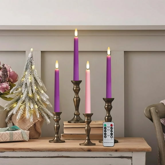 Flameless Advent Candles with Wooden Candle Base, 8 Inch Battery Operated LED Advent Taper Candles with Remote Timer for Christmas Advent Rituals and Wreath Decoration(3 Purple and 1 Pink)