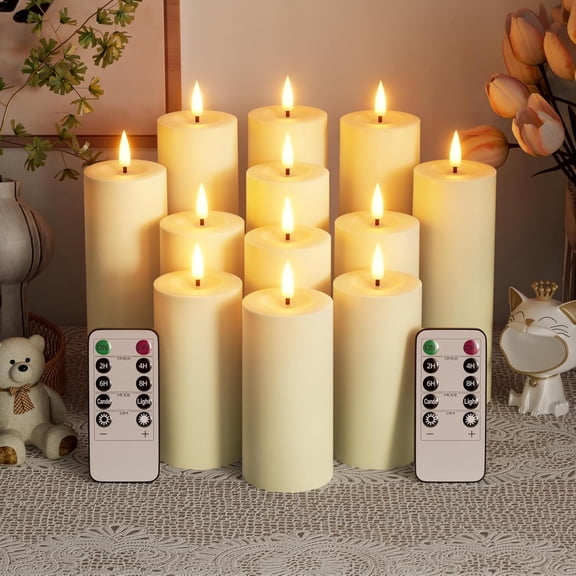Flameless Battery Operated Candles with Remote: Set of 12 2.2''4'' 5'' 6'' 7'' Outdoor Waterproof LED Pillar Candles with Timer Flicking Plastic for Home Decor Fireplace Wedding Tub Patio Ivory