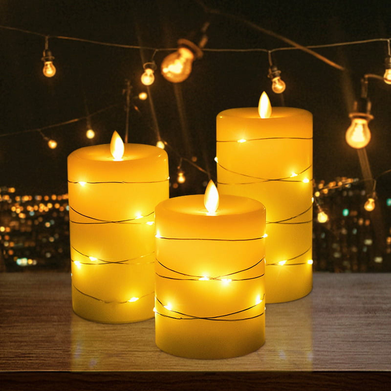 Flameless Battery Operated LED Candles with Embedded String Lights, 3