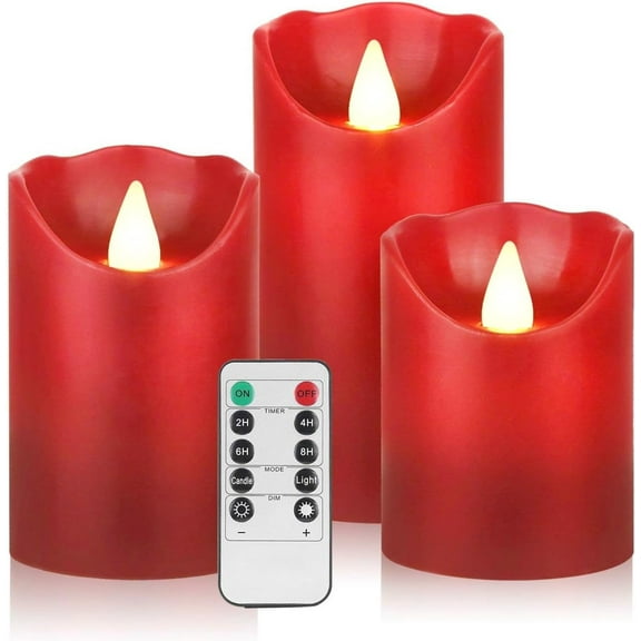 Flameless Battery Operated LED Candles with10key Button Remote Control 24-Hour Timer Set of 3 Electric Flickering Pillar Real Wax，Wedding, Party, Home Decoration (Red)