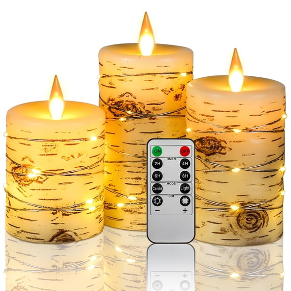 Flameless Candle LED Candles Hand Painted Birch Bark Effect Recessed Light String Candle Set of 3(H4,5,6") Ivory Real Wax Pillar Battery Operated Candles with Dancing LED Flame 10-Key Remote Control