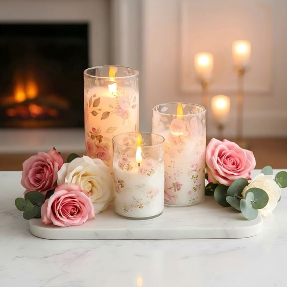 Goyuon Rose Floral Flameless Candles with Remote, Flickering Glass LED Pillar Candles Home Party Wedding Thanksgiving Christmas Summer Decor Love Theme Valentine's day - Set of 3