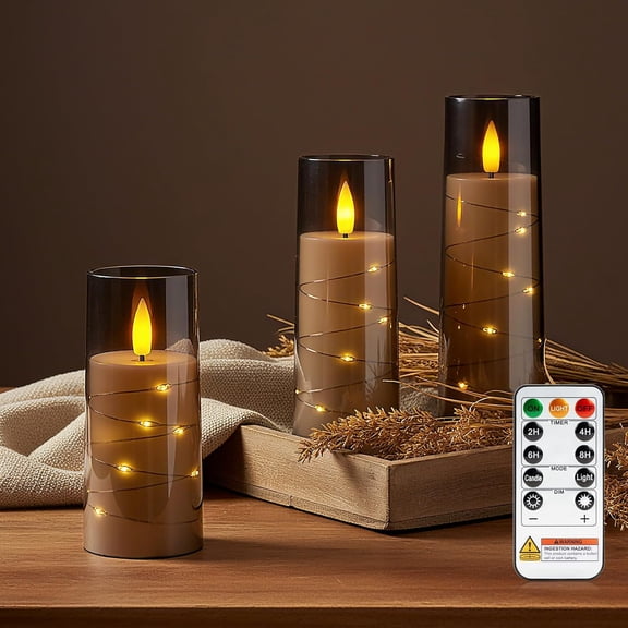Flameless Candle with Remote Timer, 3 Flickering   Operated  Pillar Candles with Embedded  String for Christmas,  Decor, and as a (Grey)