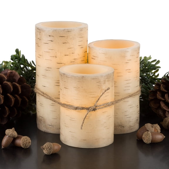 Flameless Candles - 3-Pack Faux Birch Bark Battery Operated LED Candles with Remote and Flickering Light for Home Dcor by Lavish Home