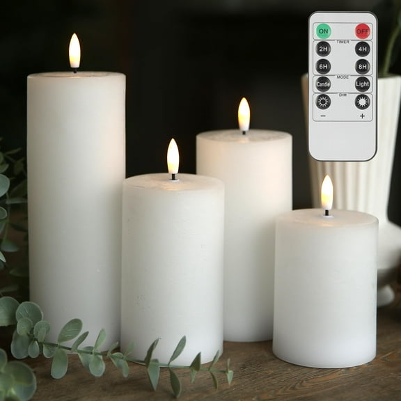 Flameless Candles, 4 Pack Battery Operated Candles with Remote, Real Wax LED Fake Candles with Timer Flickering for Christmas Wedding Home Party D3 H 5" 6" 7" 9" White