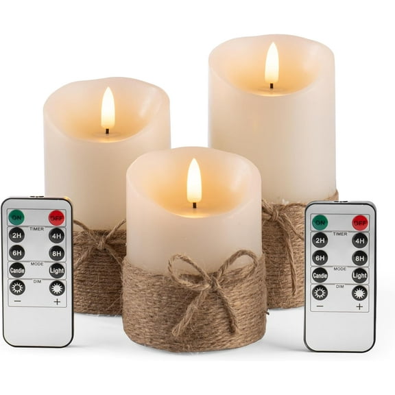 Flameless Candles Battery Operated Pillar Real Wax Electric LED Candle Gift Set with Remote Control and Timer, 4" 5" 6" Pack of 3, Ivory Wax with Hemp Rope