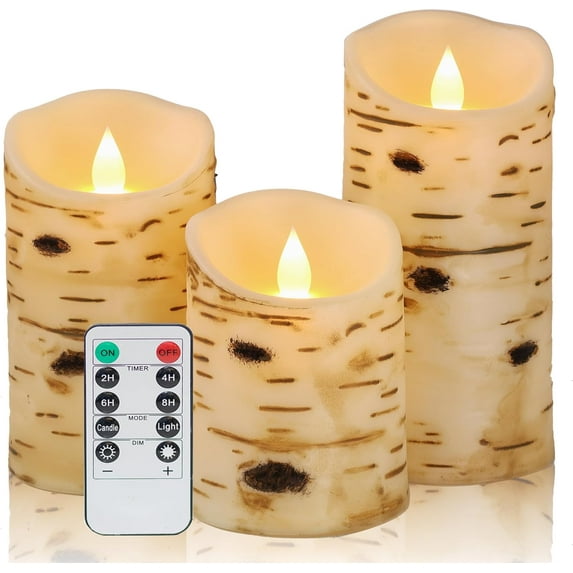Comenzar Flameless Candles Birch Bark Texture, Flickering Flame Battery Operated LED Candles, Electric Plastic with Remote Timer for Home Decor, Rustic Wedding Centerpiece, Gift Set of 3