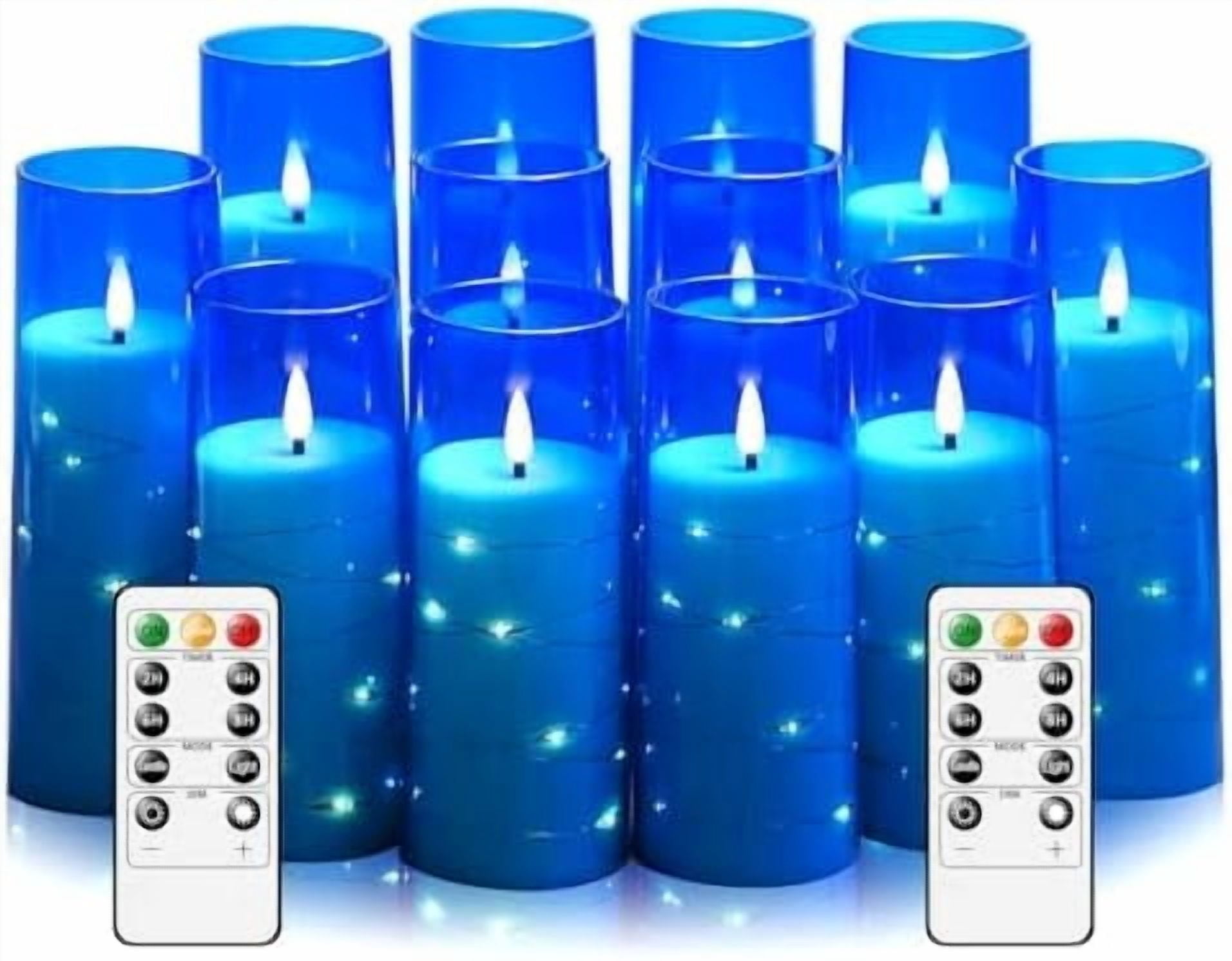 Flameless Candles with Embedded Star String - Battery Operated LED Candles, with Remote,12 Blue Flickering Candles for Christmas, Weddings, Home Decor & Party,(D 2.3"×H 5" 6" 7")