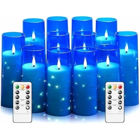 Flameless Candles with Embedded Star String - Battery Operated LED Candles, with Remote,12 Blue Flickering Candles for Christmas, Weddings, Home Decor & Party,(D 2.3"×H 5" 6" 7")