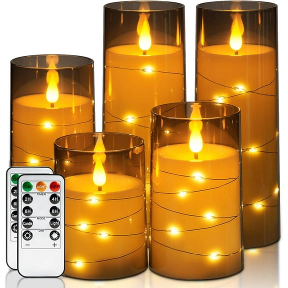 Flameless Candles with Embedded Star String Fairy Lights, Battery Operated Candles, LED Candle, Fake Candles with Remote Control and Timer for Halloween, Gray Acrylic, Set of 5(H4"5"6"8"8")