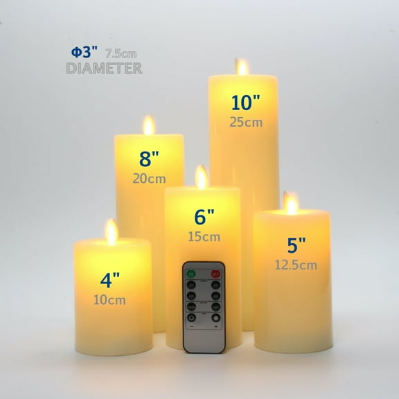 Flameless Candles with Flat Top, Diameter 7.5cm, 3" Diameter,Real Wax Not Plastic Pillars, Include Realistic Dancing LED Flames and 10-Key Remote Control with 2/4/6/8-hours Timer Function