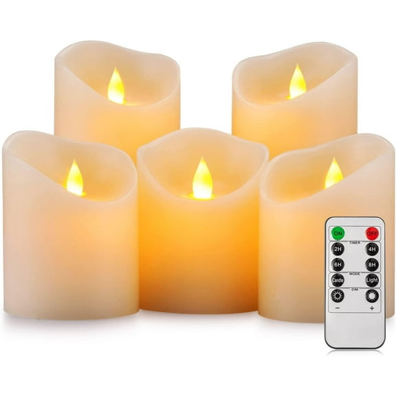 Flameless Candles, Flickering Moving Flame LED Candles Set of 5 (Size: D: 3" x H: 4"/4"/4"/6"/6") Pillar Realistic Real Wax Battery Operated Candles with Remote Control 2 4 6 8 Hours Timer