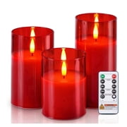 Goyuon Flameless Electronic Pillar Candles, Battery Operated Realistic Flickering LED with Remote Control and Timer, Red, Set of 3, 3"D x 4", 5", 6"H
