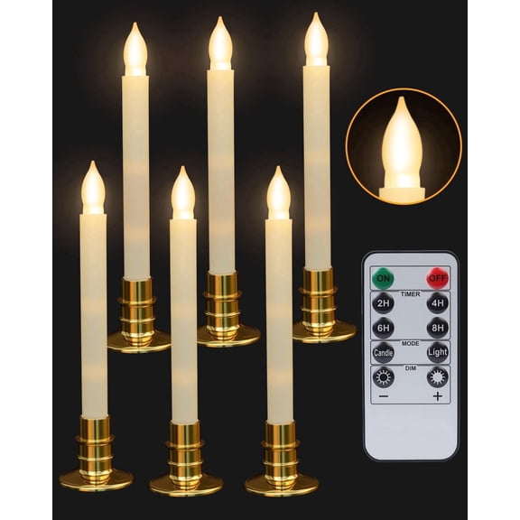 Flameless Taper Candles with Remote Timer, 6 PCS Flickering Battery Operated LED 3D Dripless Candlesticks With Base for Fireplace Window Christmas Halloween