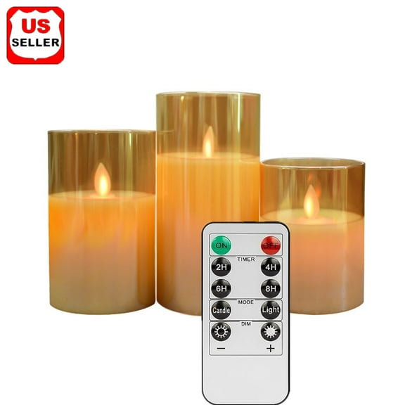 Flameless Candles Flickering with Remote, LINKPAL 3 Pack Candles Battery Operated with Timer, Plexiglass LED Candles for Home Table Decor, Gold