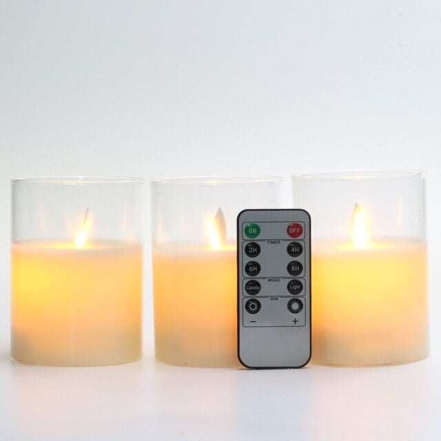 Flameless Candles Glass Real Wax Pillars & Moving Flame Wick LED