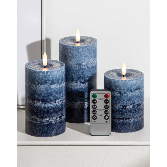 Flameless Candles Gradient Navy Blue 3-Piece Decor Set with Remote and Timer
