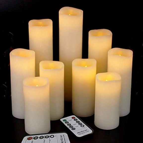 Flameless Candles Led Pack of 9 (H 4" 5" 6" 7" 8" 9" x D 2.2") Rl Wax Battery with Remote Timer for Home Fireplace Decor Wedding Festival (Ivory Pack)