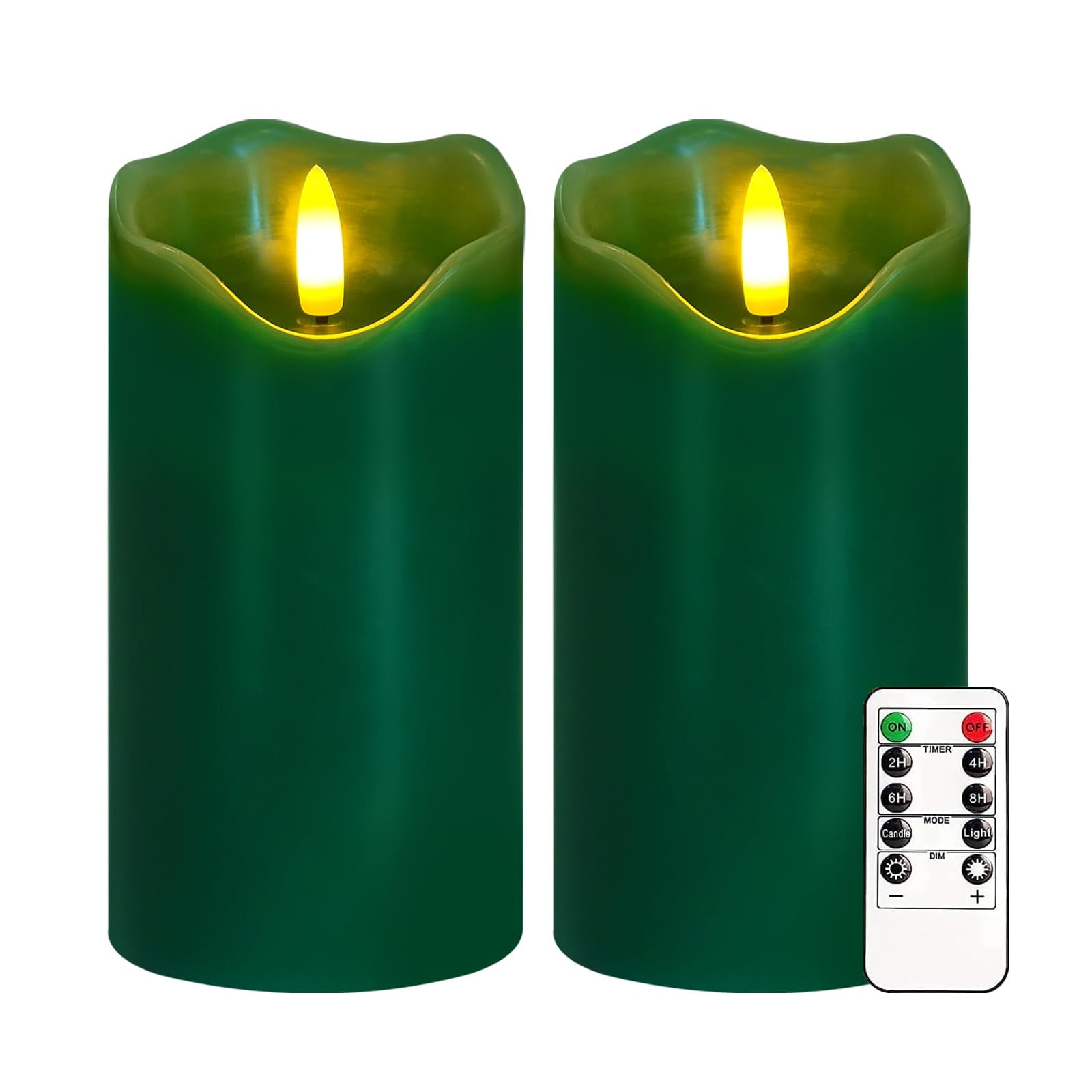 Flameless Candles Light, Set of 2 6"x3" Flickering Christmas Flameless Candles with Remote & Timer, Dimmable Real Wax Pillar Candles Battery Operated, Green Candles for Home Xmas Decor