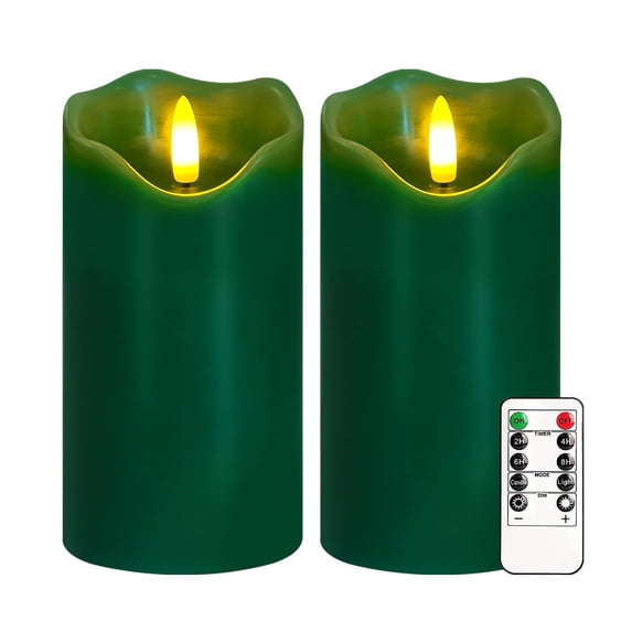 Flameless Candles Light, Set of 2 6"x3" Flickering Christmas Flameless Candles with Remote & Timer, Dimmable Real Wax Pillar Candles Battery Operated, Green Candles for Home Xmas Decor