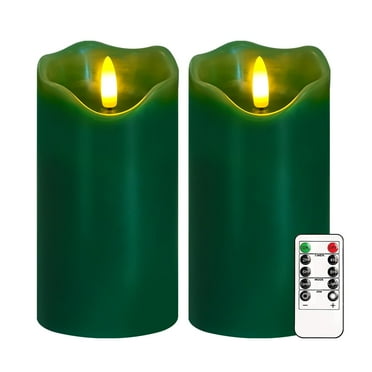 Flameless Candles Light, Set of 2 6"x3" Flickering Christmas Flameless Candles with Remote & Timer, Dimmable Real Wax Pillar Candles Battery Operated, Green Candles for Home Xmas Decor