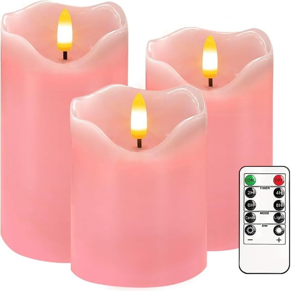 Flameless Candles Light, Set of 3 Flickering LED Candle with Remote & Timer, Dimmable Electric Pillar Candles Battery Operated, Pink Candles for Valentine's Day Xmas Home Decor