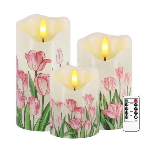 Flameless Candles Light, Set of 3 Flickering Tulip Pillar Candles with Remote & Timer, Dimmable Real Wax Electric LED Candles Battery Operated, Birthday Gift Mother's Day Gift for Mom Grandma Women
