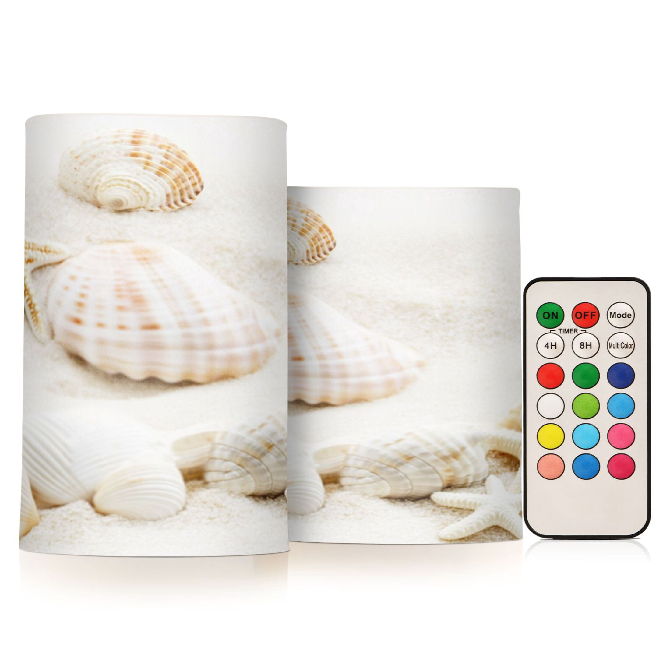 Flameless Candles Lights, Pack of two LED Lights, Dimmable LED Pillar Candles Battery Operated, Flames Remote Control Seashells and Starfish White