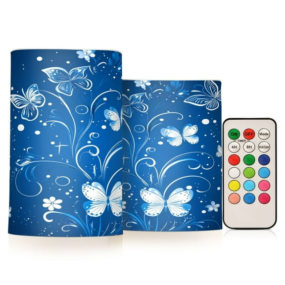 Flameless Candles Lights, Pack of two LED Lights, Dimmable LED Pillar Candles Battery Operated, Flames Remote Control White Butterfly