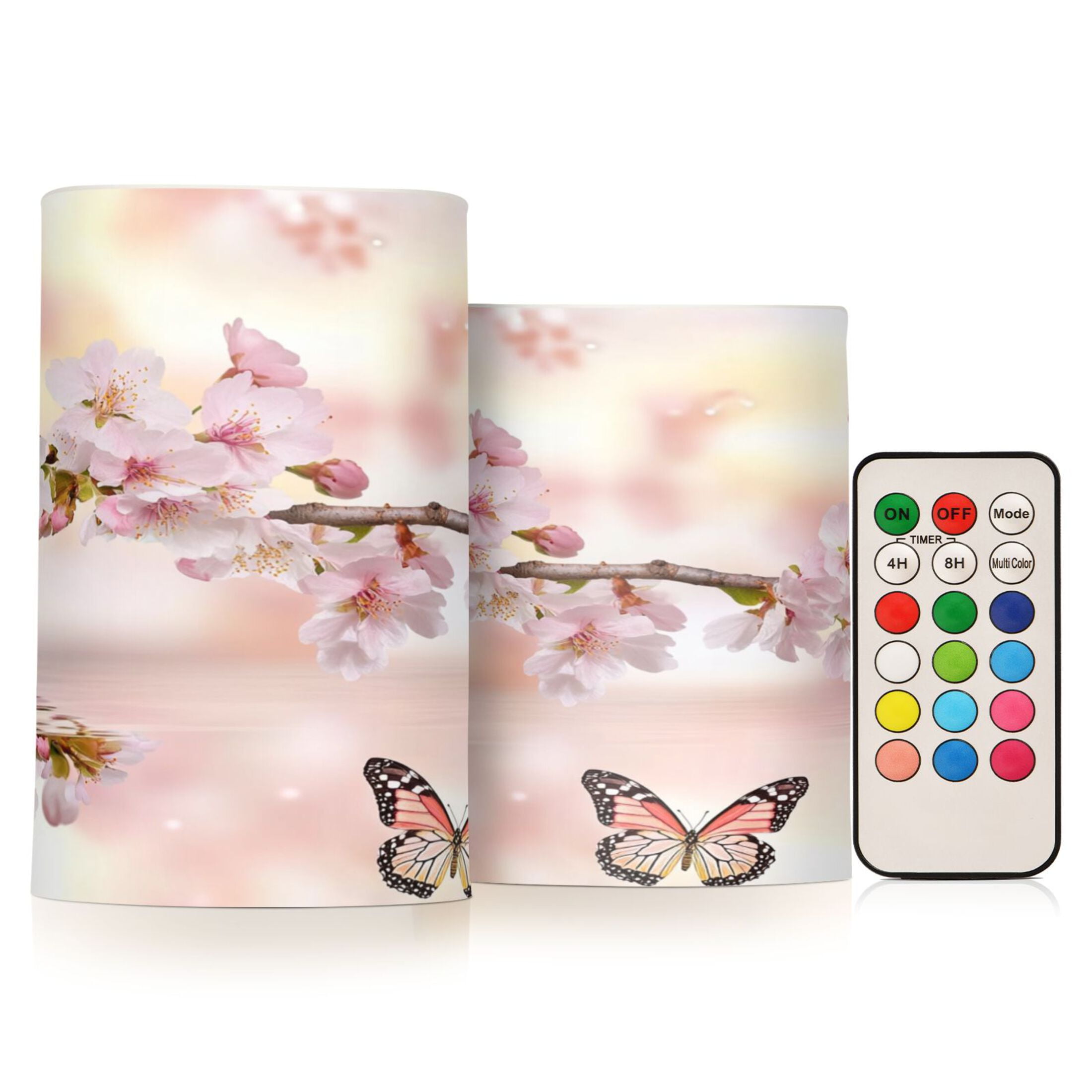 Flameless Candles Lights, Pack of two LED Lights, Dimmable LED Pillar Candles Battery Operated, Flames Remote Control Beautiful Cherry and Butterflies