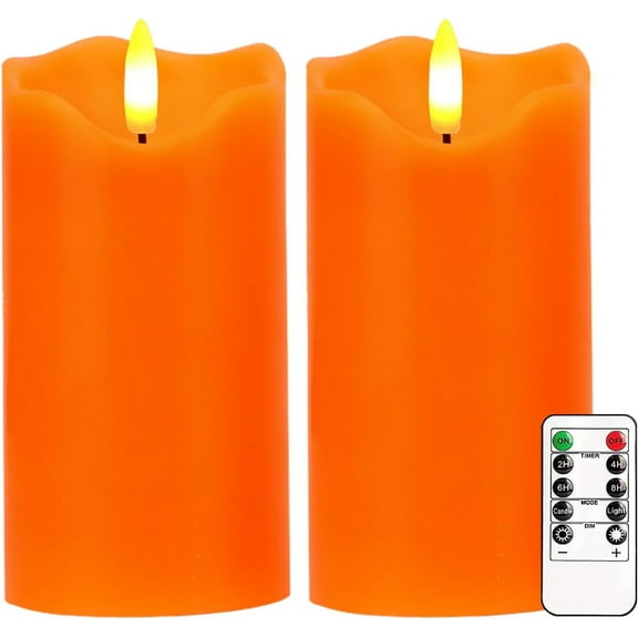 Flameless Candles Lights, Set of 2 Orange Flickering LED Candles with Remote & Timer, Dimmable LED Pillar Candles Battery Operated, Electric Candles for Fall Halloween Thanksgiving Decor
