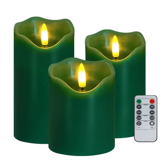 Flameless Candles Lights, Set of 3 Green Flickering LED Candles with Remote & Timer, Dimmable LED Pillar Candles Battery Operated, Electric Candles for Halloween Thanksgiving Christmas Decor