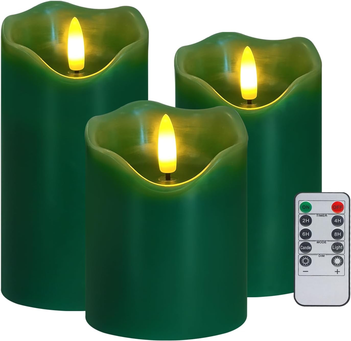 Flameless Candles Lights, Set of 3 Green Flickering LED Candles with Remote & Timer, Dimmable LED Pillar Candles Battery Operated, Electric Candles for Home Thanksgiving Christmas Decor