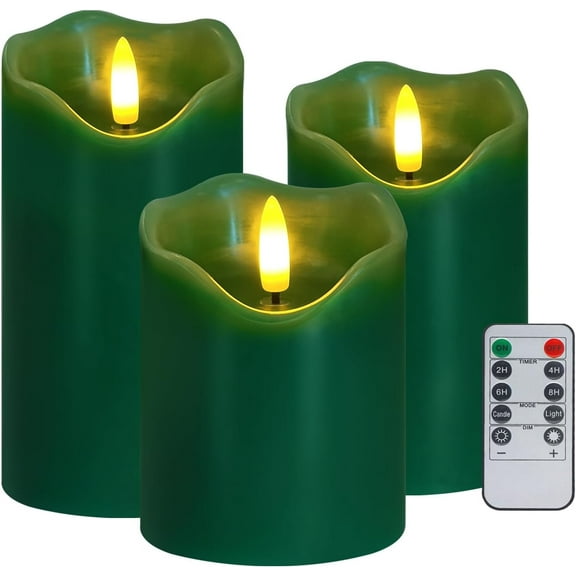 Flameless Candles Lights, Set of 3 Green Flickering LED Candles with Remote & Timer, Dimmable LED Pillar Candles Battery Operated, Electric Candles for Home Thanksgiving Christmas Decor