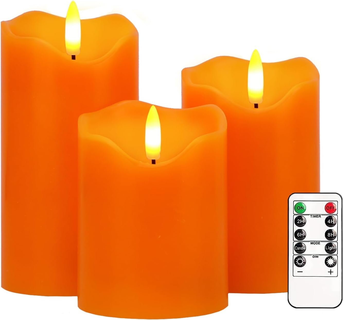 Flameless Candles Lights, Set of 3 Orange Flickering LED Candles with Remote & Timer, Dimmable LED Pillar Candles Battery Operated, Electric Candles for Fall Halloween Thanksgiving Decor