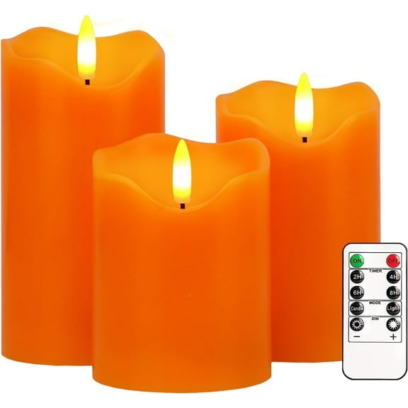 Flameless Candles Lights, Set of 3 Orange Flickering LED Candles with Remote & Timer, Dimmable LED Pillar Candles Battery Operated, Electric Candles for Fall Halloween Thanksgiving Decor