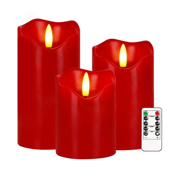 Flameless Candles Lights, Set of 3 Red Flickering LED Candles with Remote & Timer, Dimmable LED Pillar Candles Battery Operated, Electric Candles for Home Thanksgiving Christmas Decor